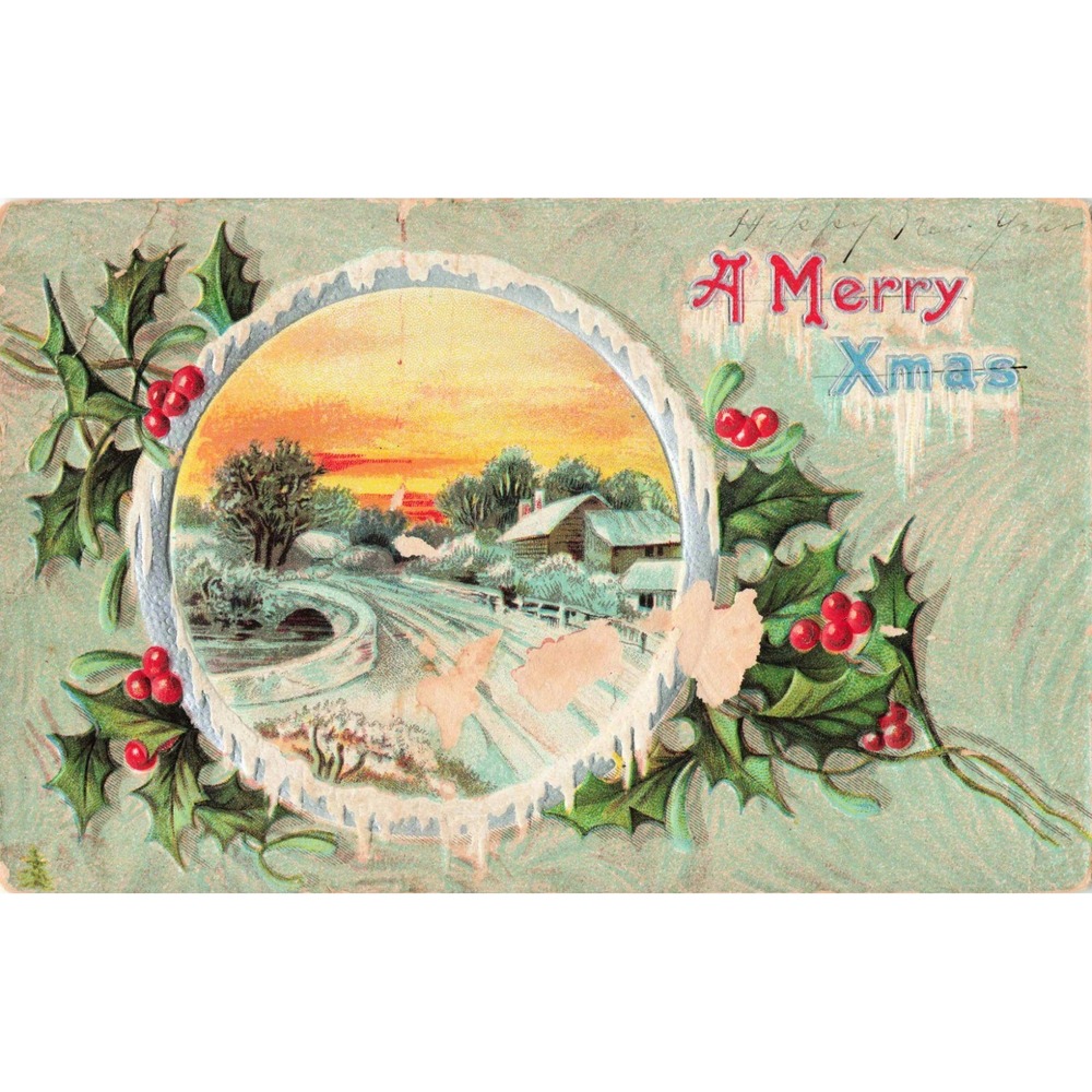 Antique 1911 A Merry Xmas Holly Embossed Postcard New Holland IL - Picture 1 of 2